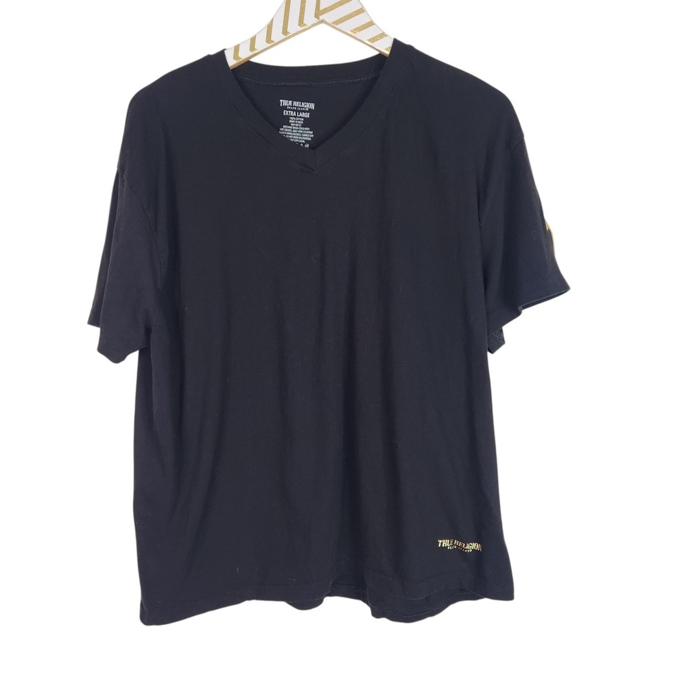 TRUE RELIGION Shirt Mens XL Black Gold Logo V Neck Short Sleeve Tee Top